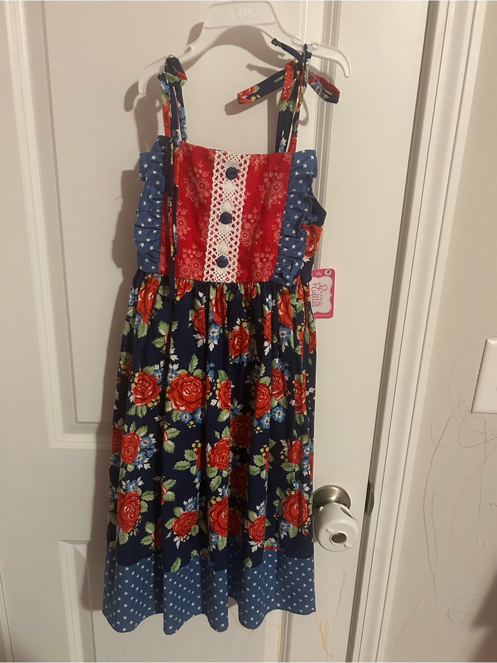 Navy and Red Floral Tie-Shoulder Girls' Sundress